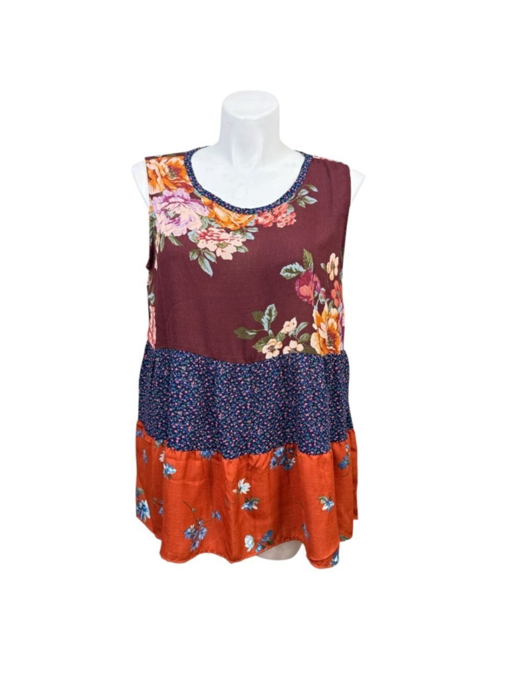 Oddy Floral Patchwork Tiered Tunic Tank Top Made In USA 2XL